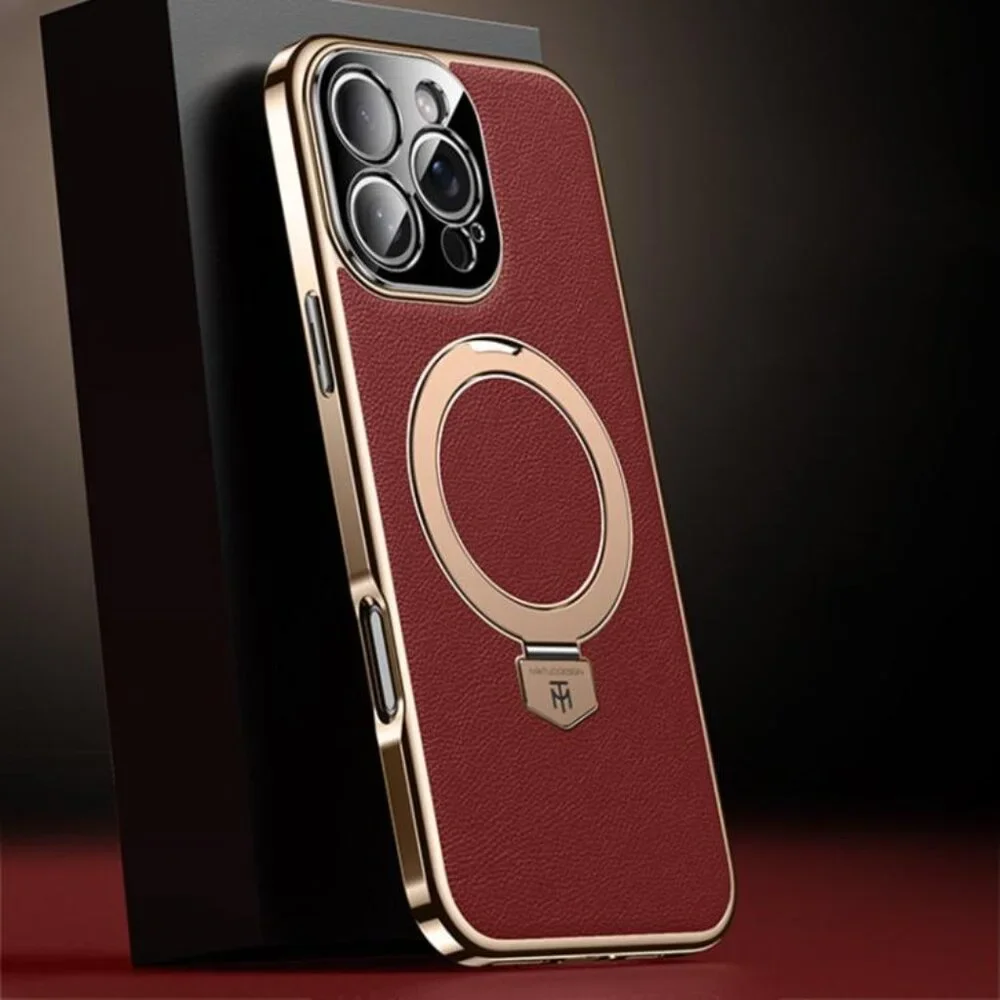 For iPhone 16 Pro Max Plain Leather MagSafe Holder Phone Case(Red)